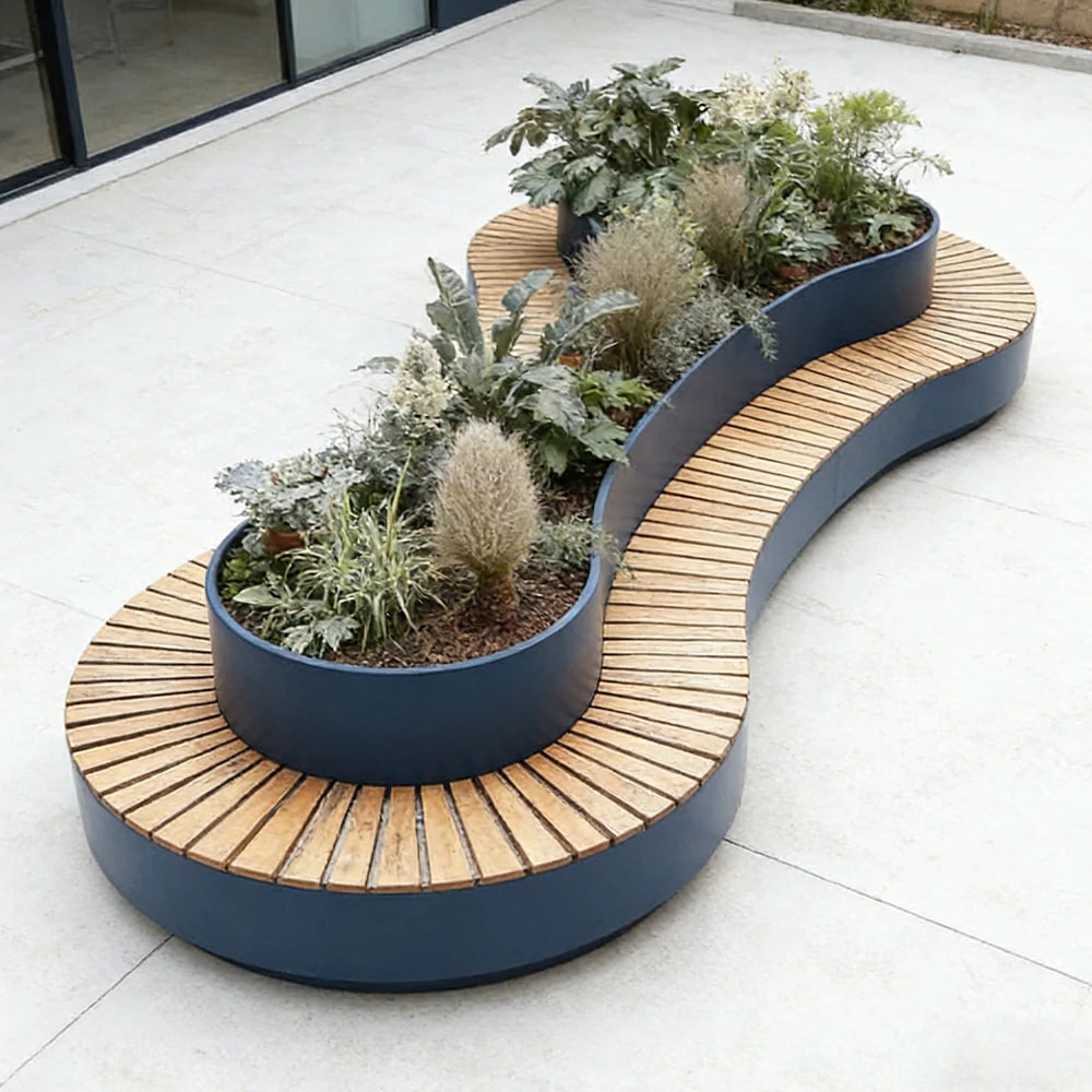 SOLARA 200/220/240cm Integrated Planter Bench Thick Metal Frame with Curved Design for Commercial Street Park Cafe