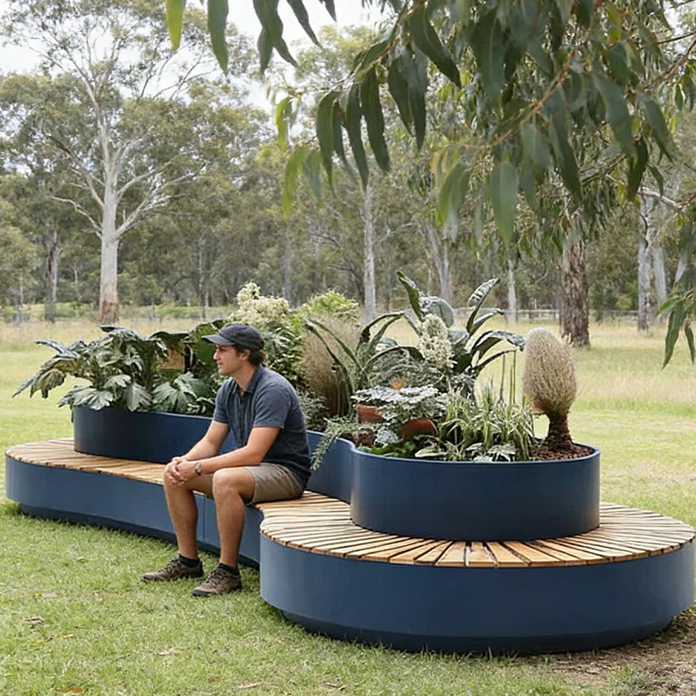SOLARA 200/220/240cm Integrated Planter Bench Thick Metal Frame with Curved Design for Commercial Street Park Cafe