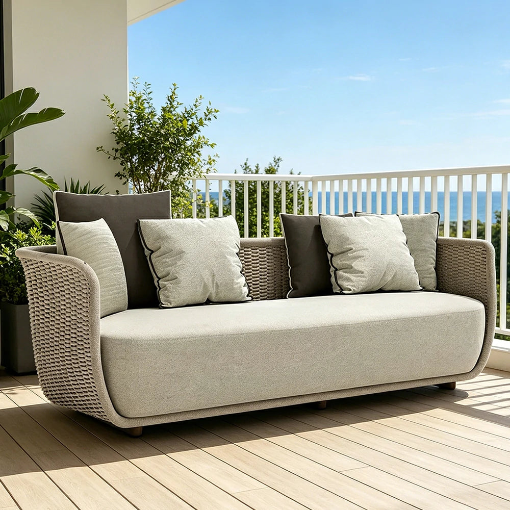SOLARA Outdoor Three Seater Sofa with Woven Rattan Design - 190cm Patio Balcony Garden Lounge Seat - Natural