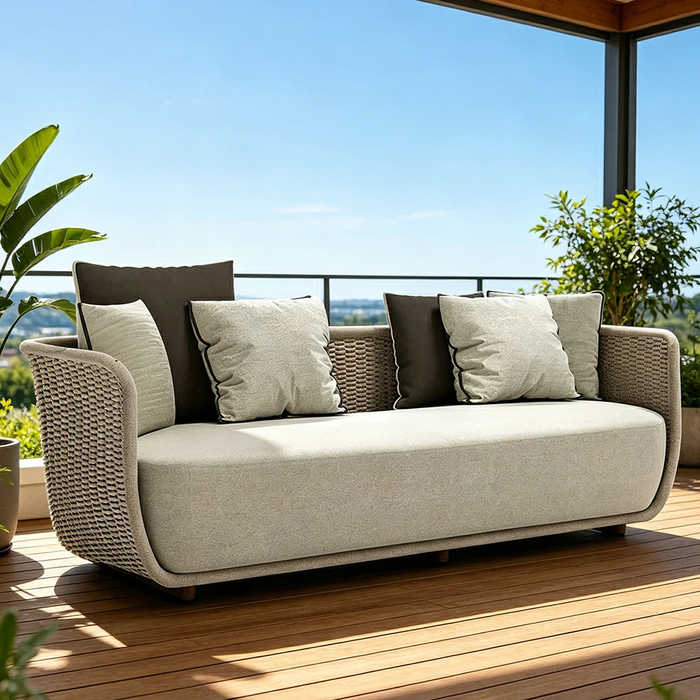 SOLARA Outdoor Three Seater Sofa with Woven Rattan Design - 190cm Patio Balcony Garden Lounge Seat - Natural