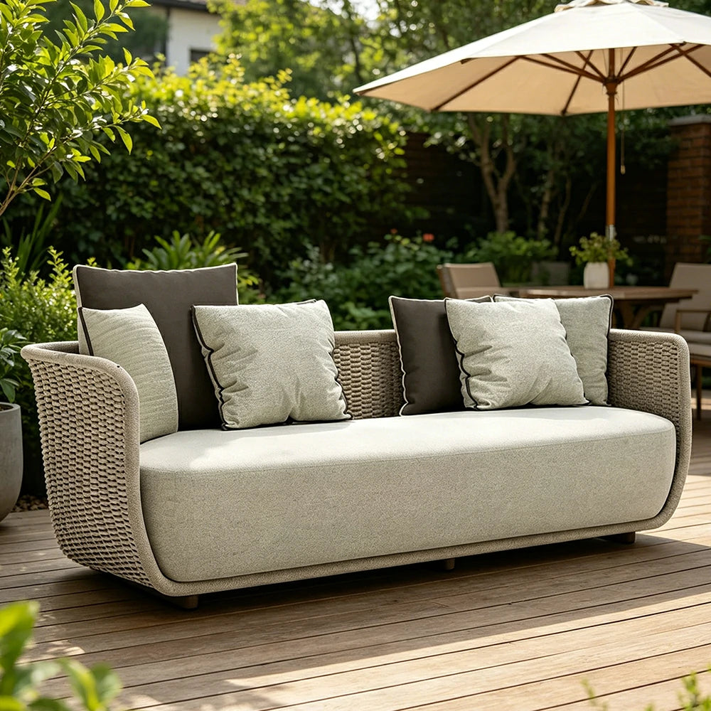 SOLARA Outdoor Three Seater Sofa with Woven Rattan Design - 190cm Patio Balcony Garden Lounge Seat - Natural