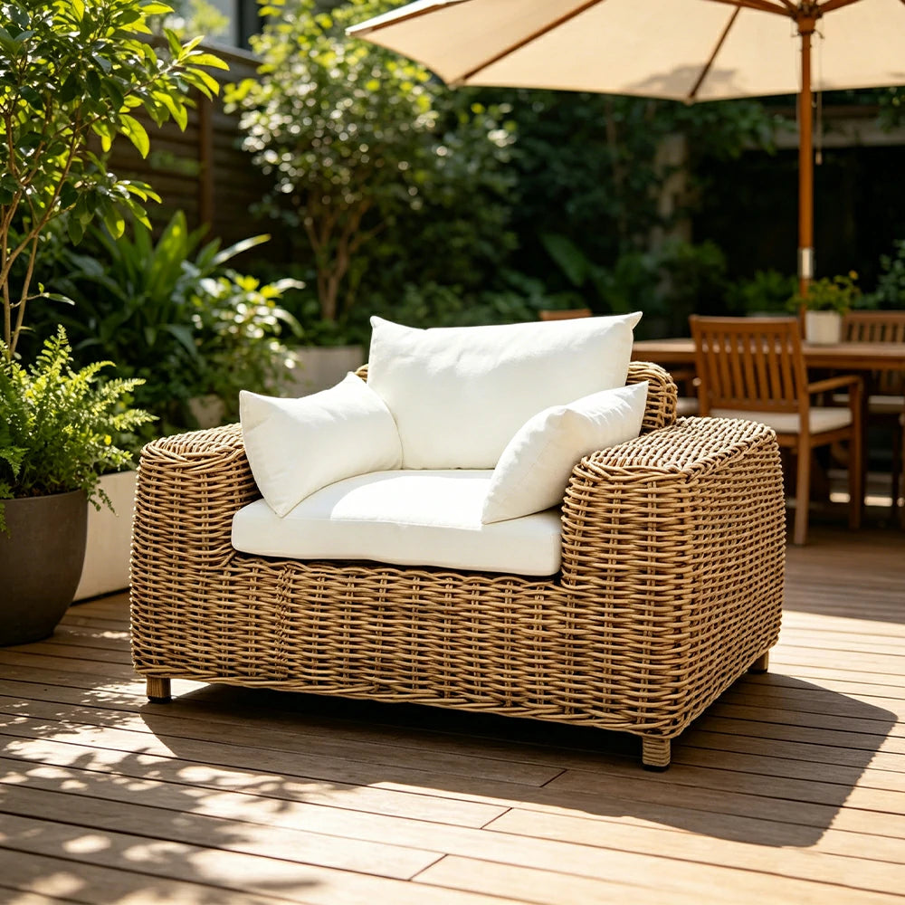 SOLARA Outdoor Single Sofa with PE Rattan Design - 100cm Patio Balcony Garden Lounge Chair - Natural White