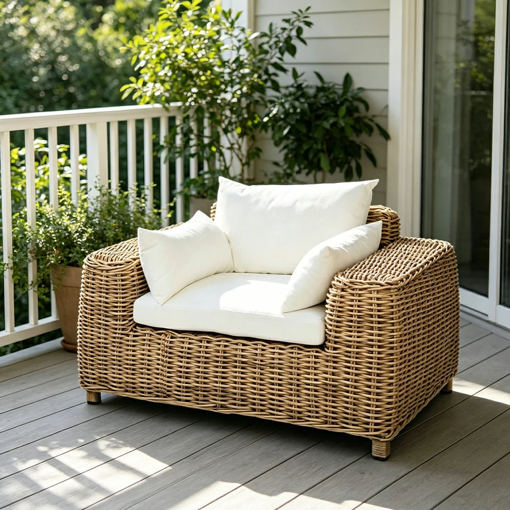 SOLARA Outdoor Single Sofa with PE Rattan Design - 100cm Patio Balcony Garden Lounge Chair - Natural White
