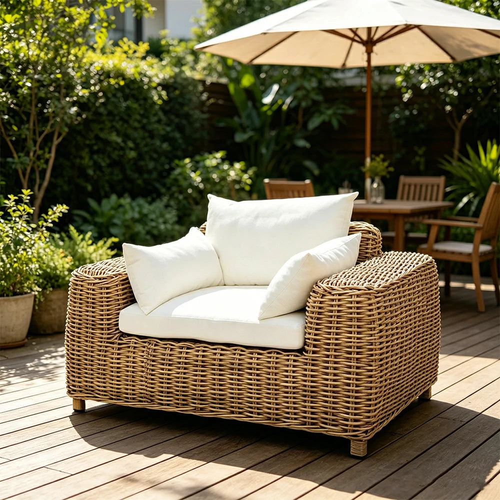 SOLARA Outdoor Single Sofa with PE Rattan Design - 100cm Patio Balcony Garden Lounge Chair - Natural White