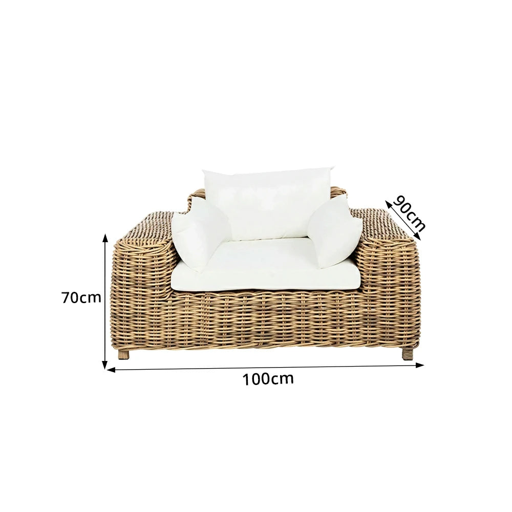 SOLARA Outdoor Single Sofa with PE Rattan Design - 100cm Patio Balcony Garden Lounge Chair - Natural White