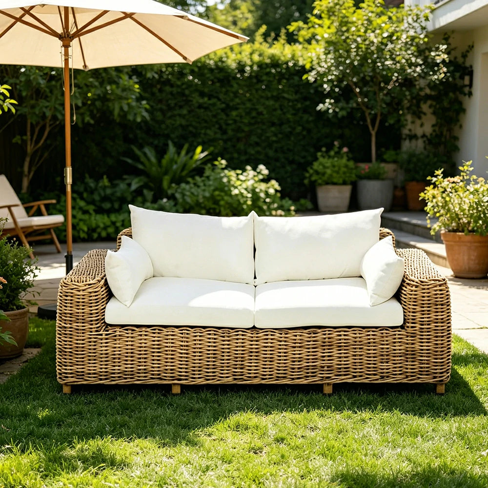 SOLARA Outdoor Two Seater Sofa with PE Rattan Design - 170cm Patio Balcony Garden Lounge Seat - Natural White
