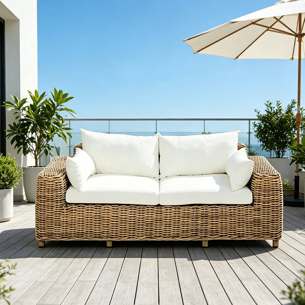 SOLARA Outdoor Two Seater Sofa with PE Rattan Design - 170cm Patio Balcony Garden Lounge Seat - Natural White