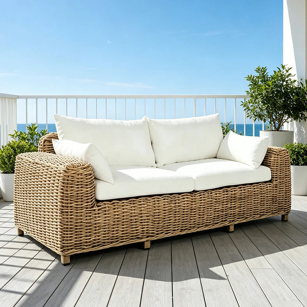 SOLARA Outdoor Two Seater Sofa with PE Rattan Design - 170cm Patio Balcony Garden Lounge Seat - Natural White