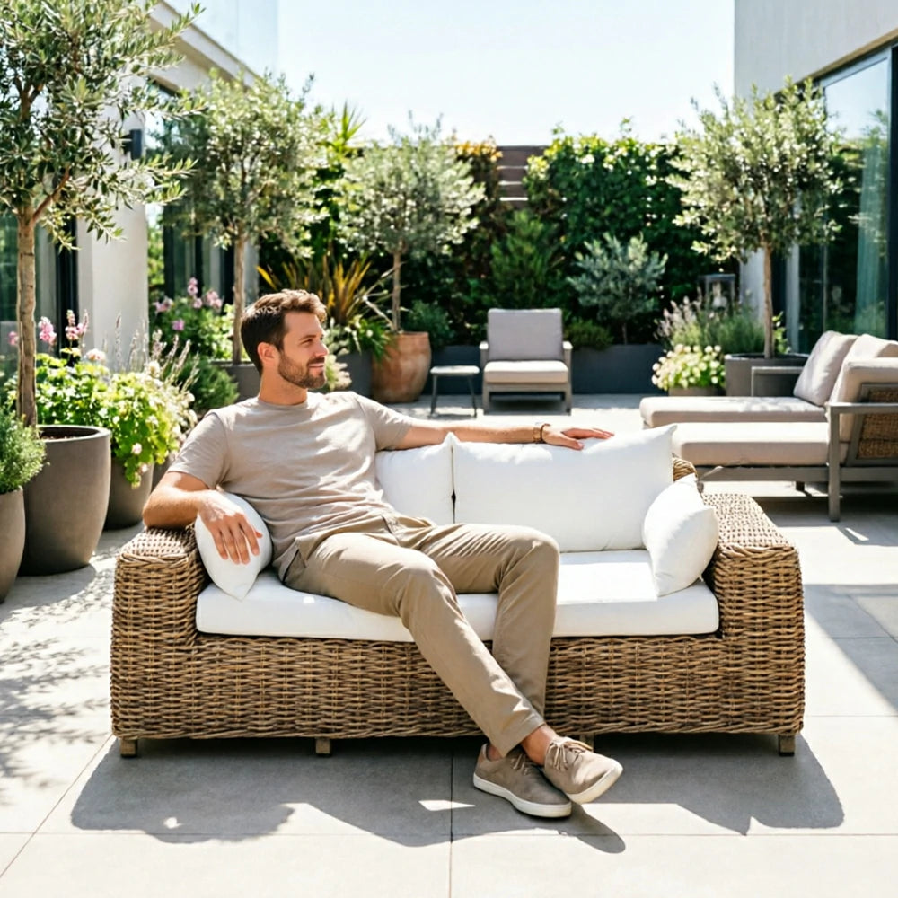SOLARA Outdoor Two Seater Sofa with PE Rattan Design - 170cm Patio Balcony Garden Lounge Seat - Natural White