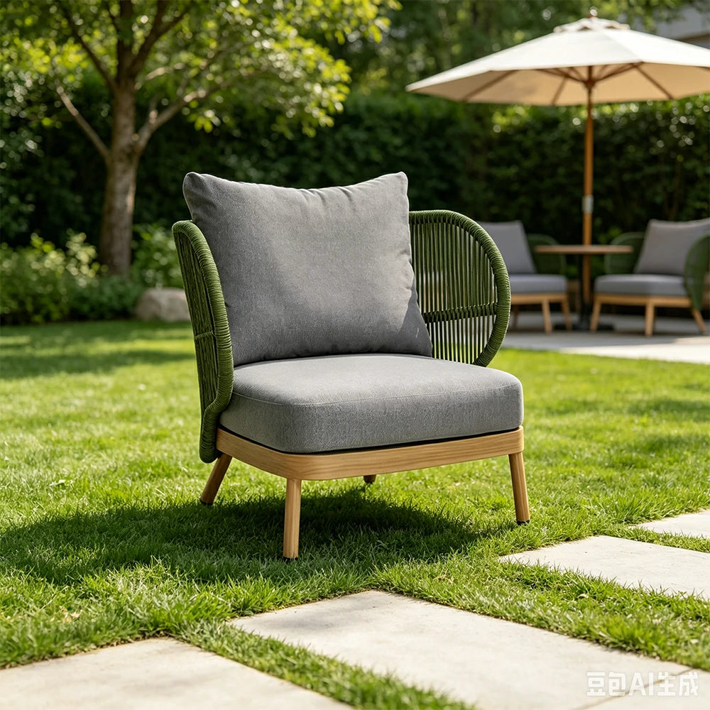 SOLARA Outdoor Single Sofa with Olefin Rope Weaving - 75cm Teak Wood Detail Patio Garden Lounge Chair - Green Grey