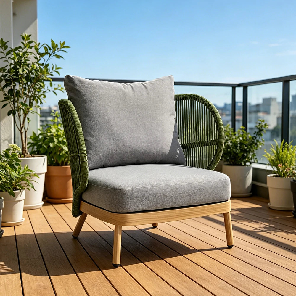 SOLARA Outdoor Single Sofa with Olefin Rope Weaving - 75cm Teak Wood Detail Patio Garden Lounge Chair - Green Grey