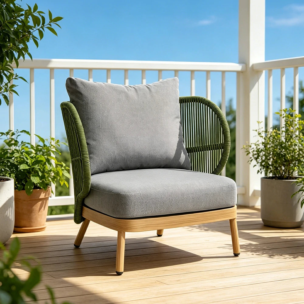 SOLARA Outdoor Single Sofa with Olefin Rope Weaving - 75cm Teak Wood Detail Patio Garden Lounge Chair - Green Grey