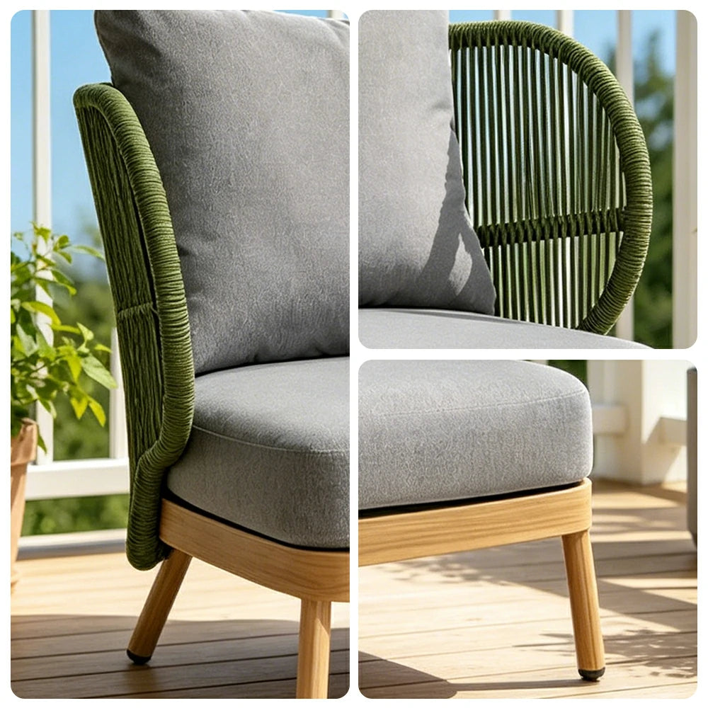 SOLARA Outdoor Single Sofa with Olefin Rope Weaving - 75cm Teak Wood Detail Patio Garden Lounge Chair - Green Grey