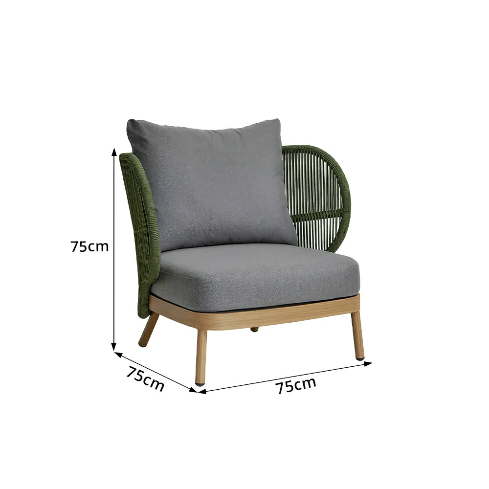 SOLARA Outdoor Single Sofa with Olefin Rope Weaving - 75cm Teak Wood Detail Patio Garden Lounge Chair - Green Grey