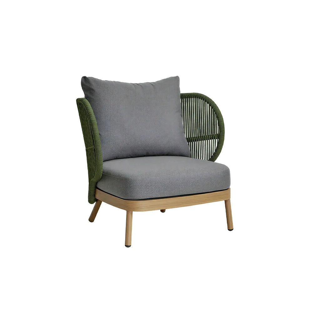 SOLARA Outdoor Single Sofa with Olefin Rope Weaving - 75cm Teak Wood Detail Patio Garden Lounge Chair - Green Grey