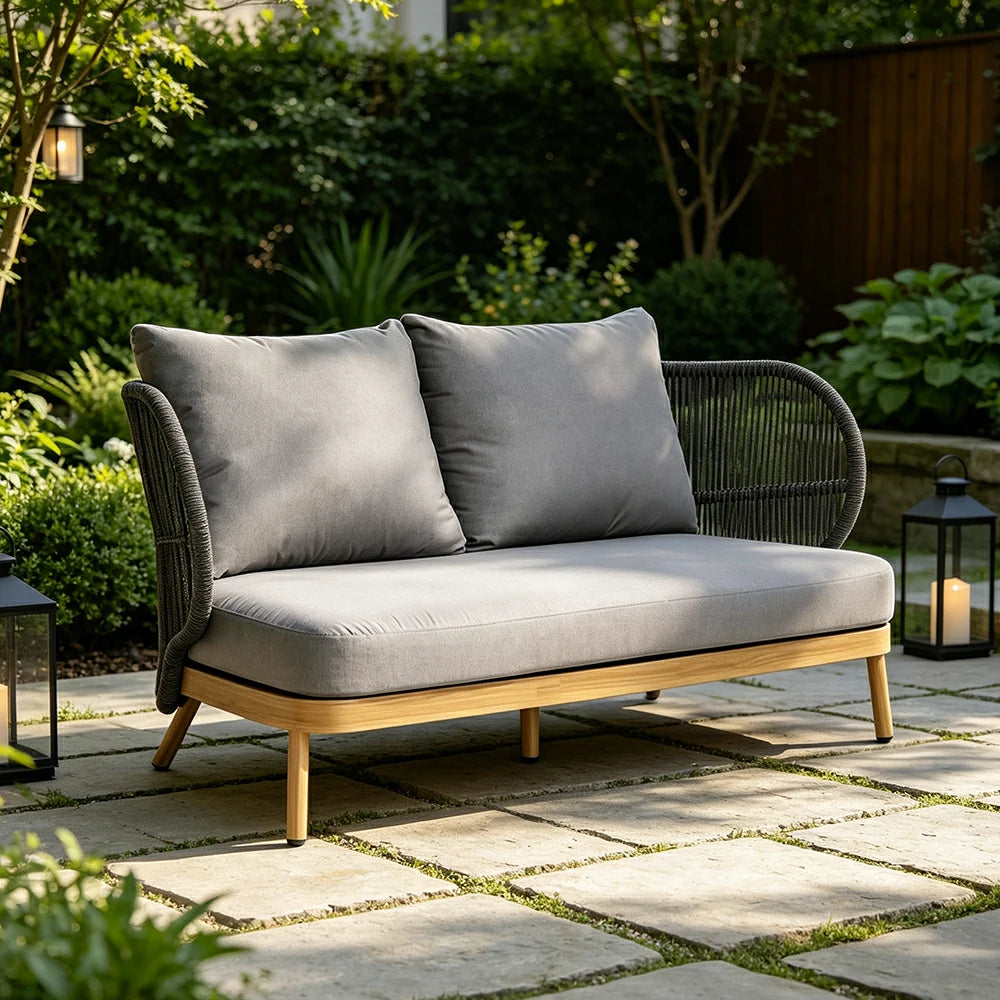 SOLARA Outdoor Two Seater Sofa with Olefin Rope Weaving - 166cm Teak Wood Detail Patio Garden Lounge Seat - Grey