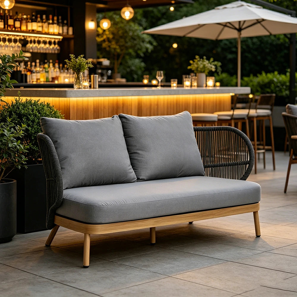 SOLARA Outdoor Two Seater Sofa with Olefin Rope Weaving - 166cm Teak Wood Detail Patio Garden Lounge Seat - Grey