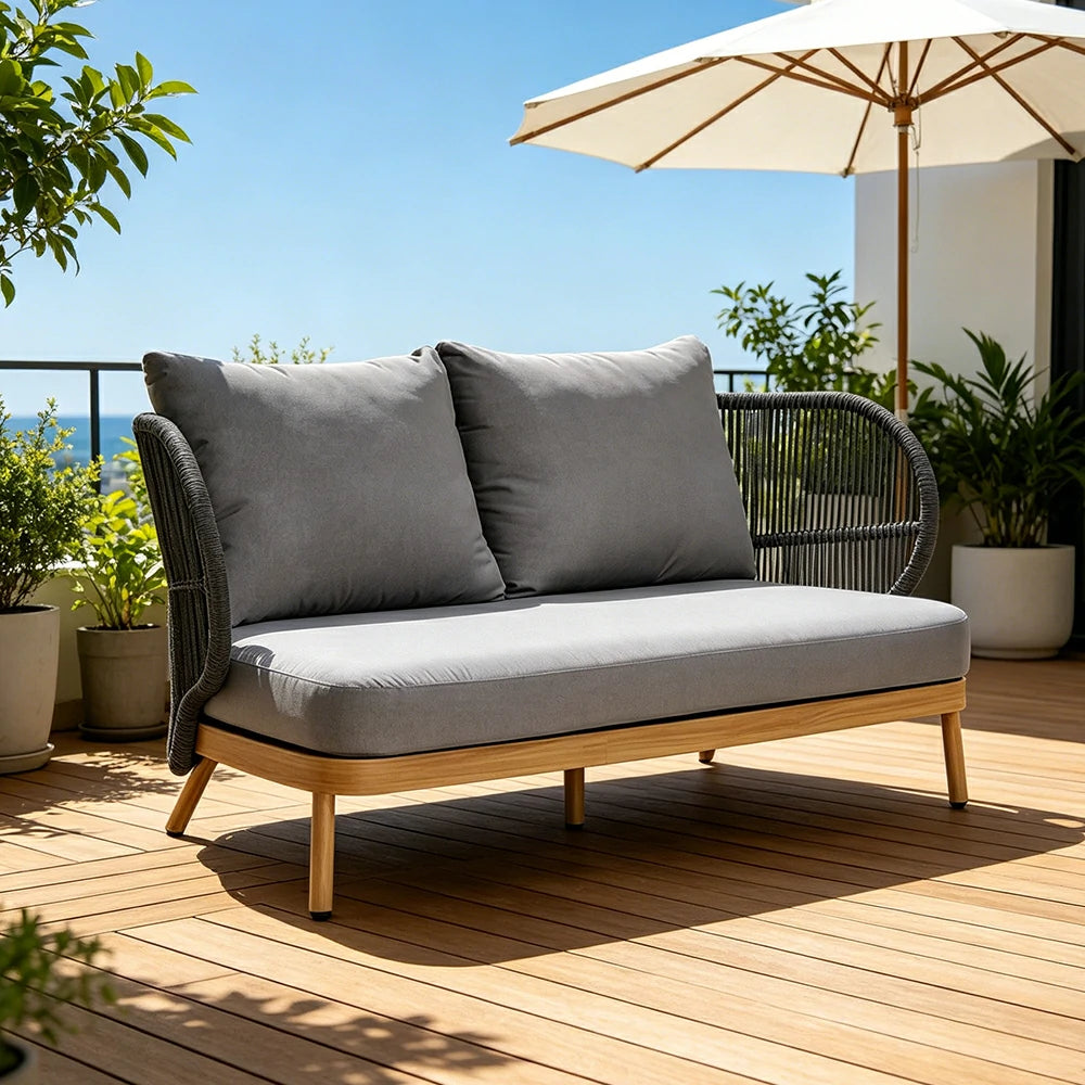 SOLARA Outdoor Two Seater Sofa with Olefin Rope Weaving - 166cm Teak Wood Detail Patio Garden Lounge Seat - Grey