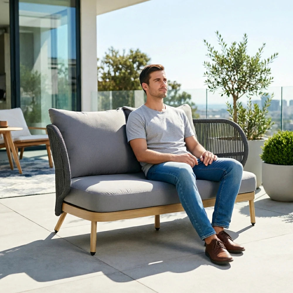 SOLARA Outdoor Two Seater Sofa with Olefin Rope Weaving - 166cm Teak Wood Detail Patio Garden Lounge Seat - Grey