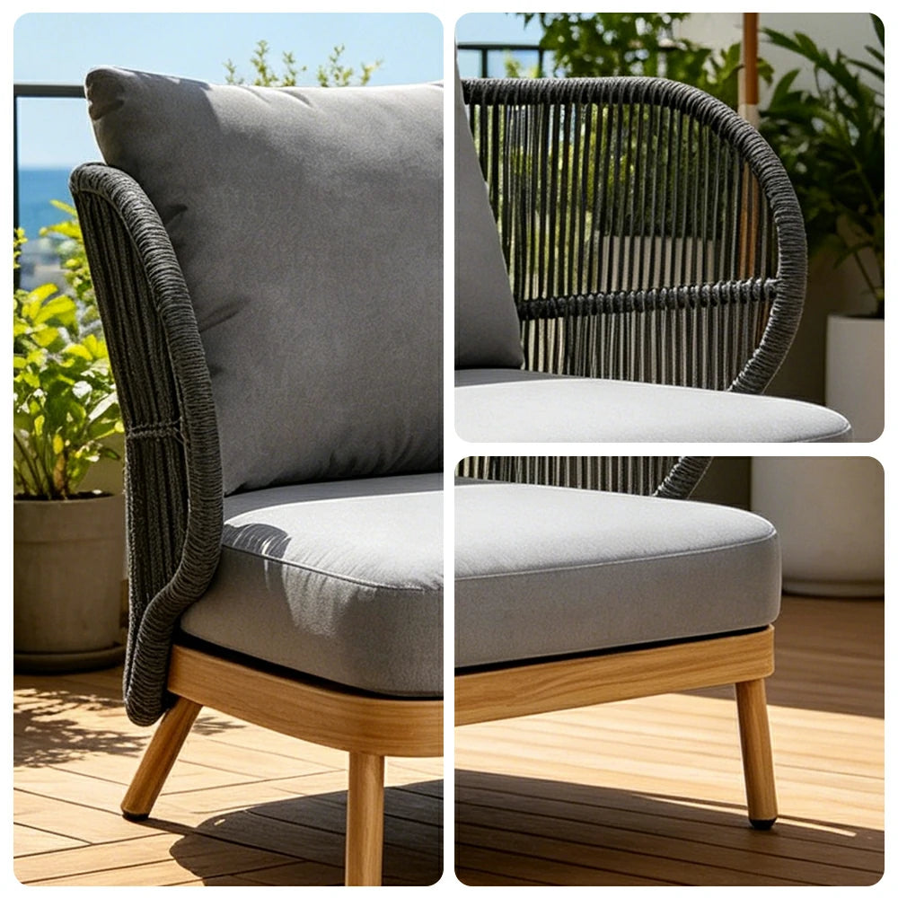 SOLARA Outdoor Two Seater Sofa with Olefin Rope Weaving - 166cm Teak Wood Detail Patio Garden Lounge Seat - Grey