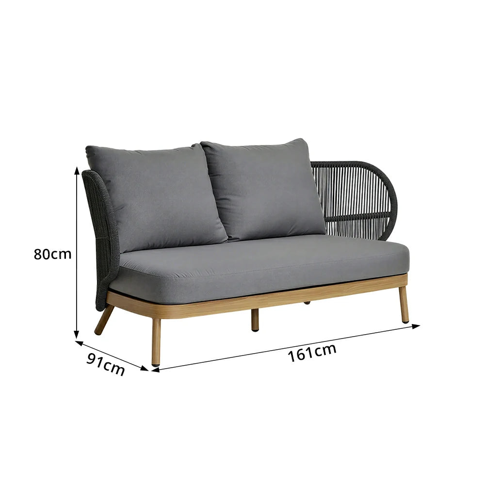 SOLARA Outdoor Two Seater Sofa with Olefin Rope Weaving - 166cm Teak Wood Detail Patio Garden Lounge Seat - Grey