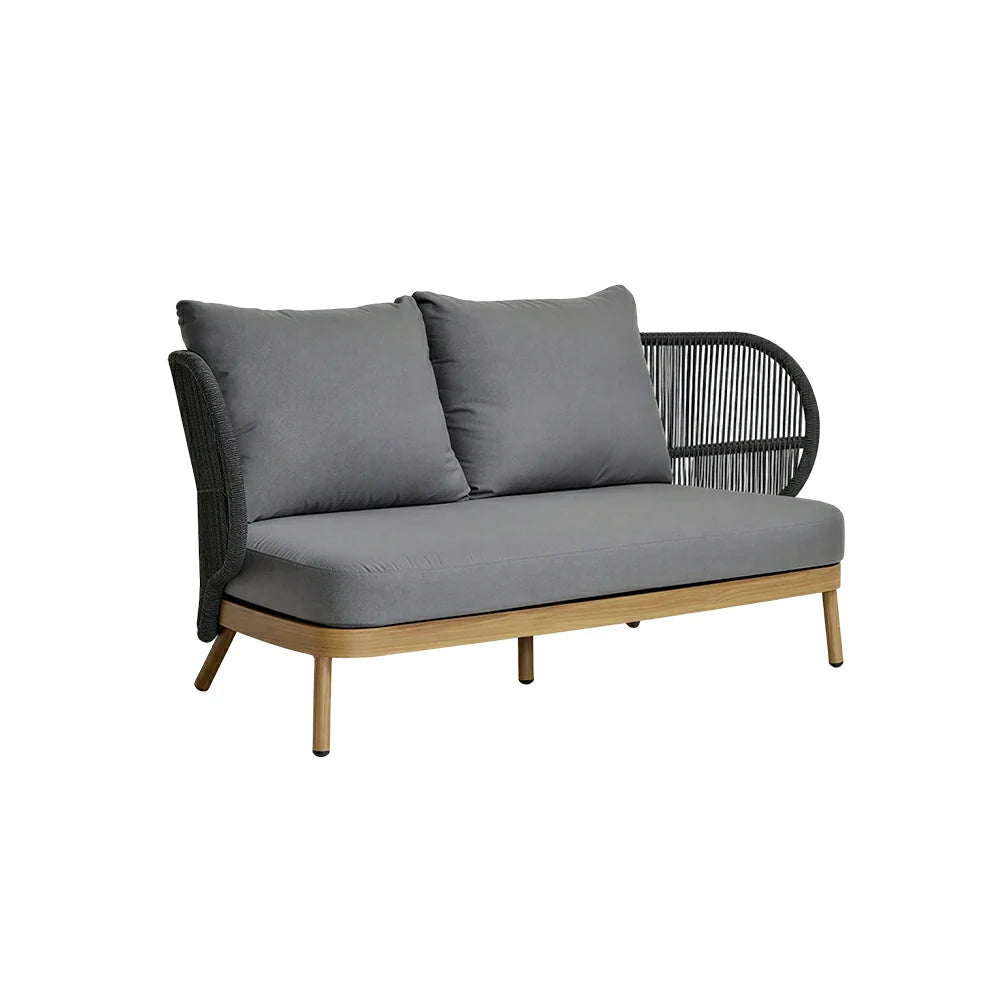 SOLARA Outdoor Two Seater Sofa with Olefin Rope Weaving - 166cm Teak Wood Detail Patio Garden Lounge Seat - Grey