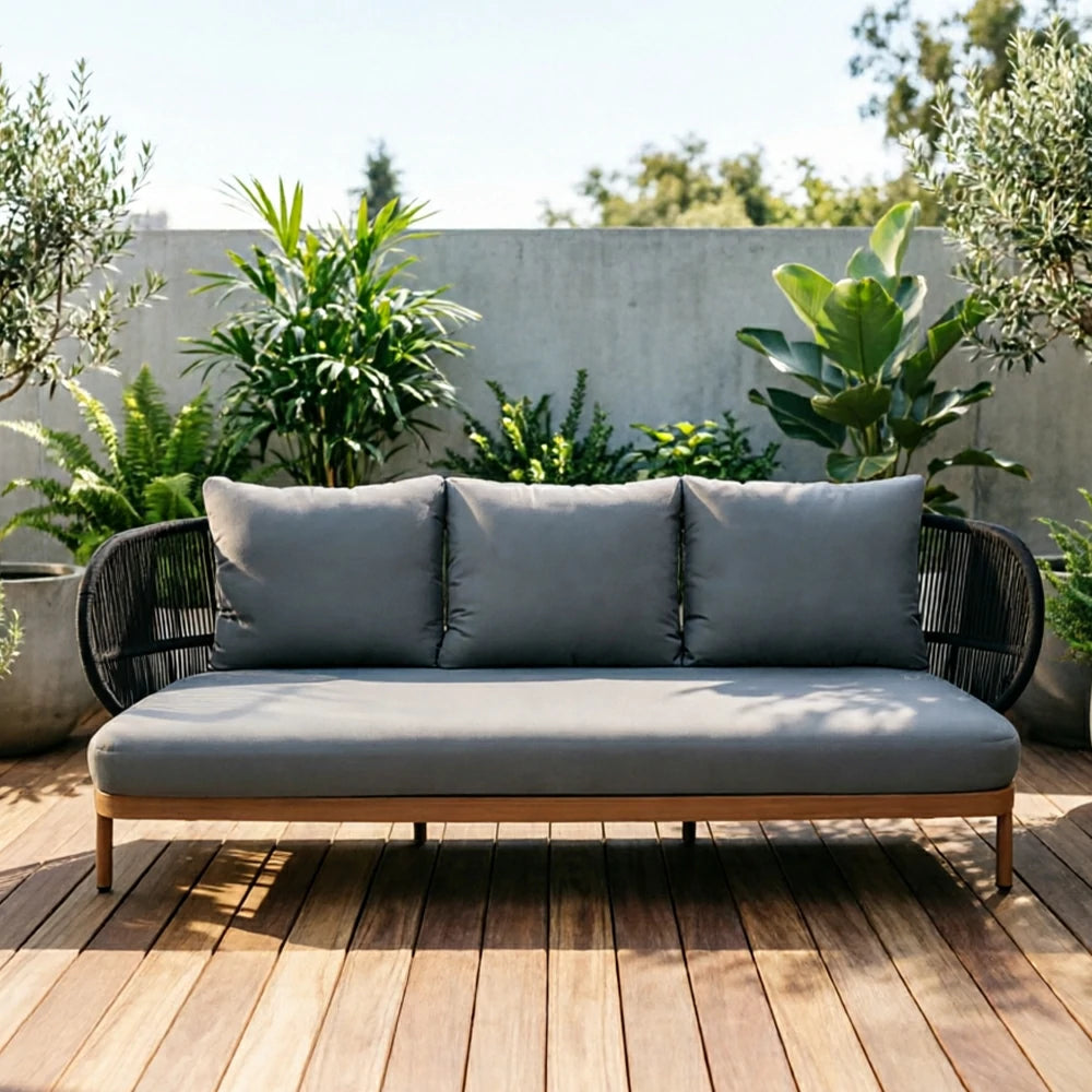 SOLARA Outdoor Three Seater Sofa with Olefin Rope Weaving - 235cm Teak Wood Detail Patio Garden Lounge Seat - Grey