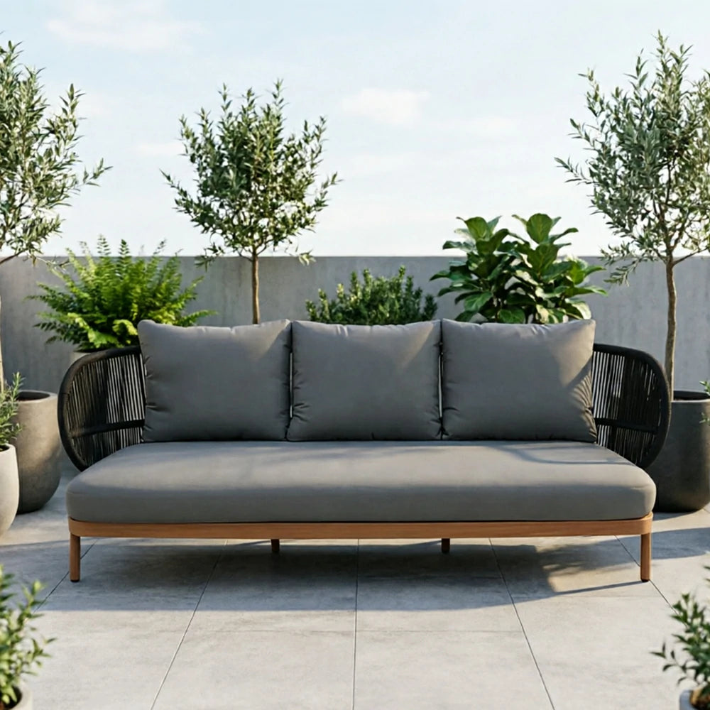 SOLARA Outdoor Three Seater Sofa with Olefin Rope Weaving - 235cm Teak Wood Detail Patio Garden Lounge Seat - Grey