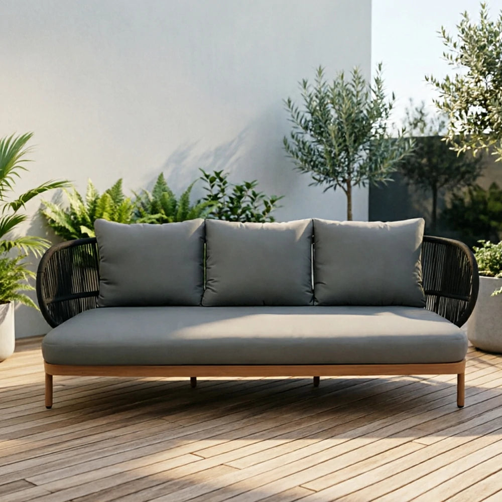 SOLARA Outdoor Three Seater Sofa with Olefin Rope Weaving - 235cm Teak Wood Detail Patio Garden Lounge Seat - Grey