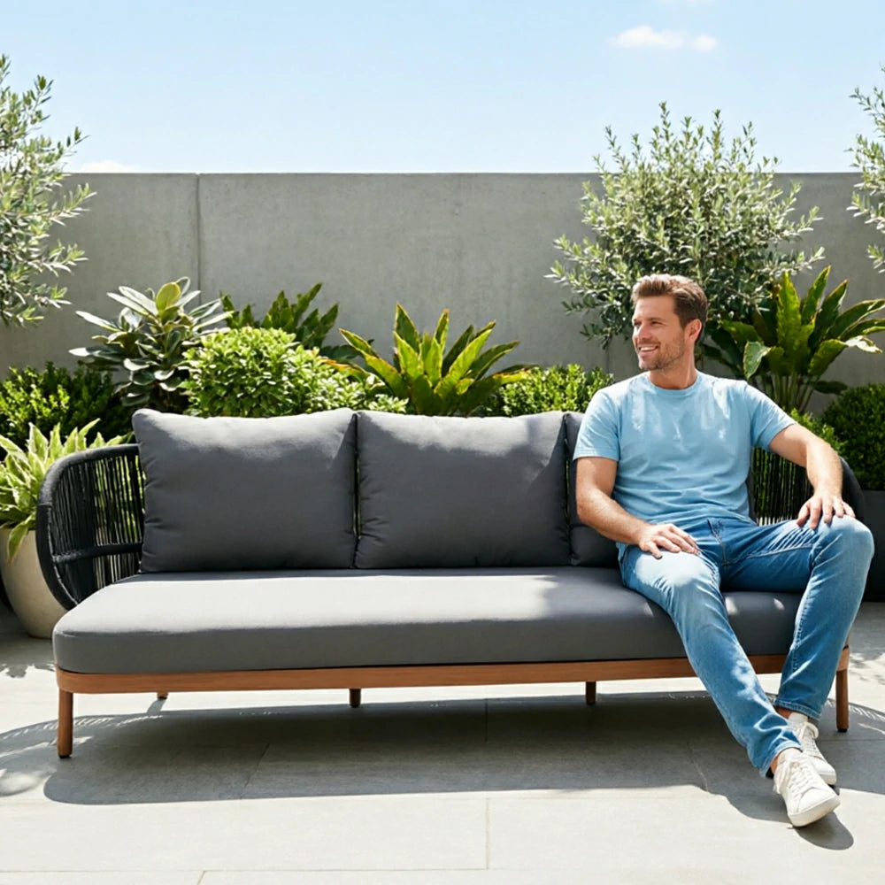 SOLARA Outdoor Three Seater Sofa with Olefin Rope Weaving - 235cm Teak Wood Detail Patio Garden Lounge Seat - Grey