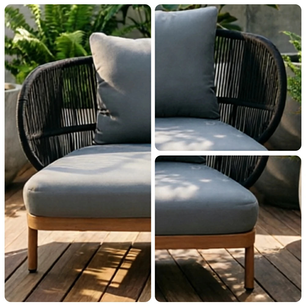 SOLARA Outdoor Three Seater Sofa with Olefin Rope Weaving - 235cm Teak Wood Detail Patio Garden Lounge Seat - Grey