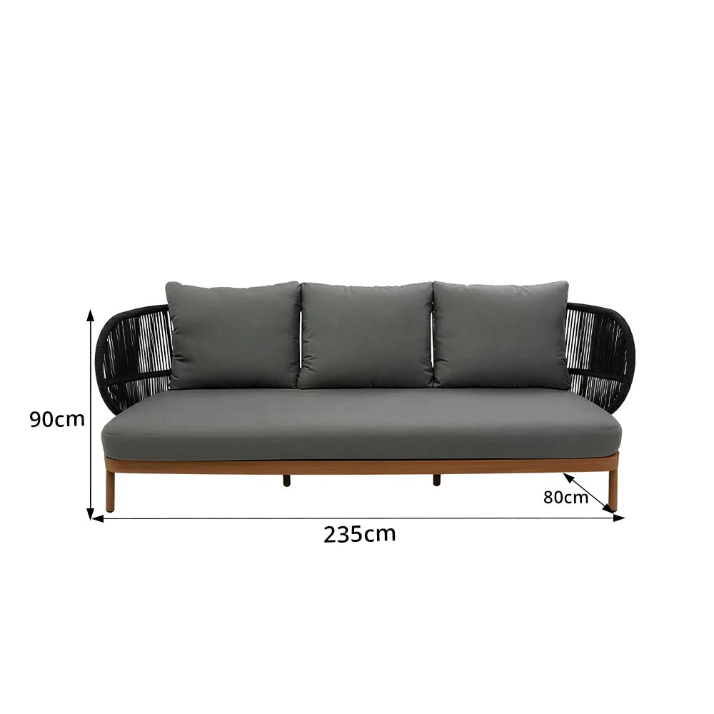SOLARA Outdoor Three Seater Sofa with Olefin Rope Weaving - 235cm Teak Wood Detail Patio Garden Lounge Seat - Grey