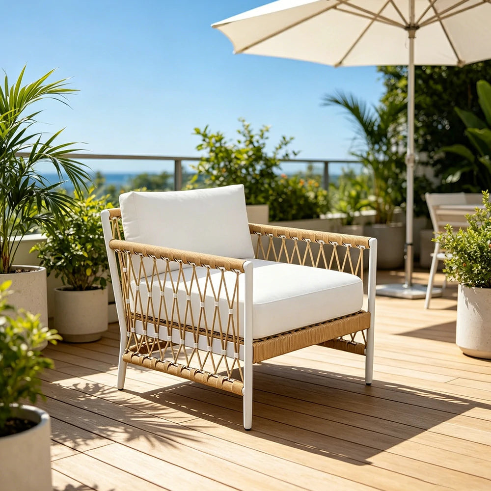 SOLARA Outdoor Single Sofa Chair with Waterproof Fabric, Thick Aluminium Frame for Patio Balcony Garden - Natural
