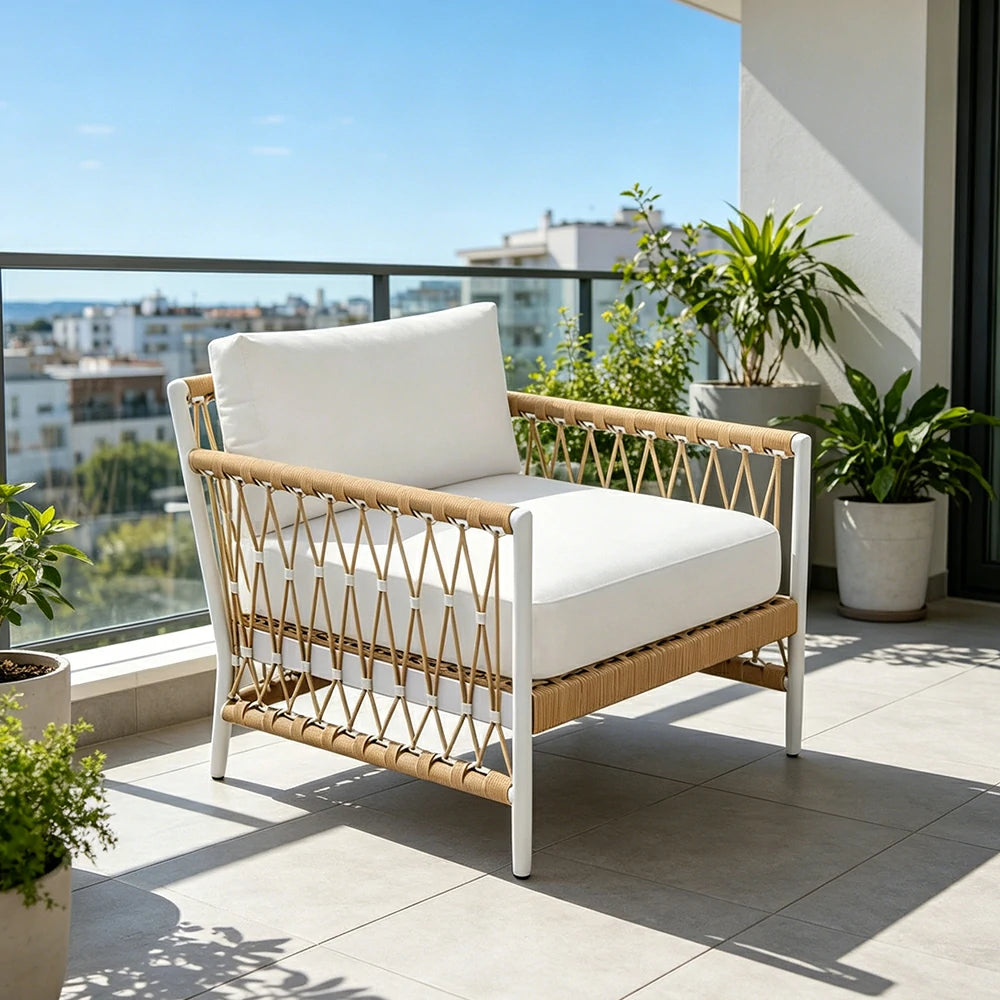 SOLARA Outdoor Single Sofa Chair with Waterproof Fabric, Thick Aluminium Frame for Patio Balcony Garden - Natural
