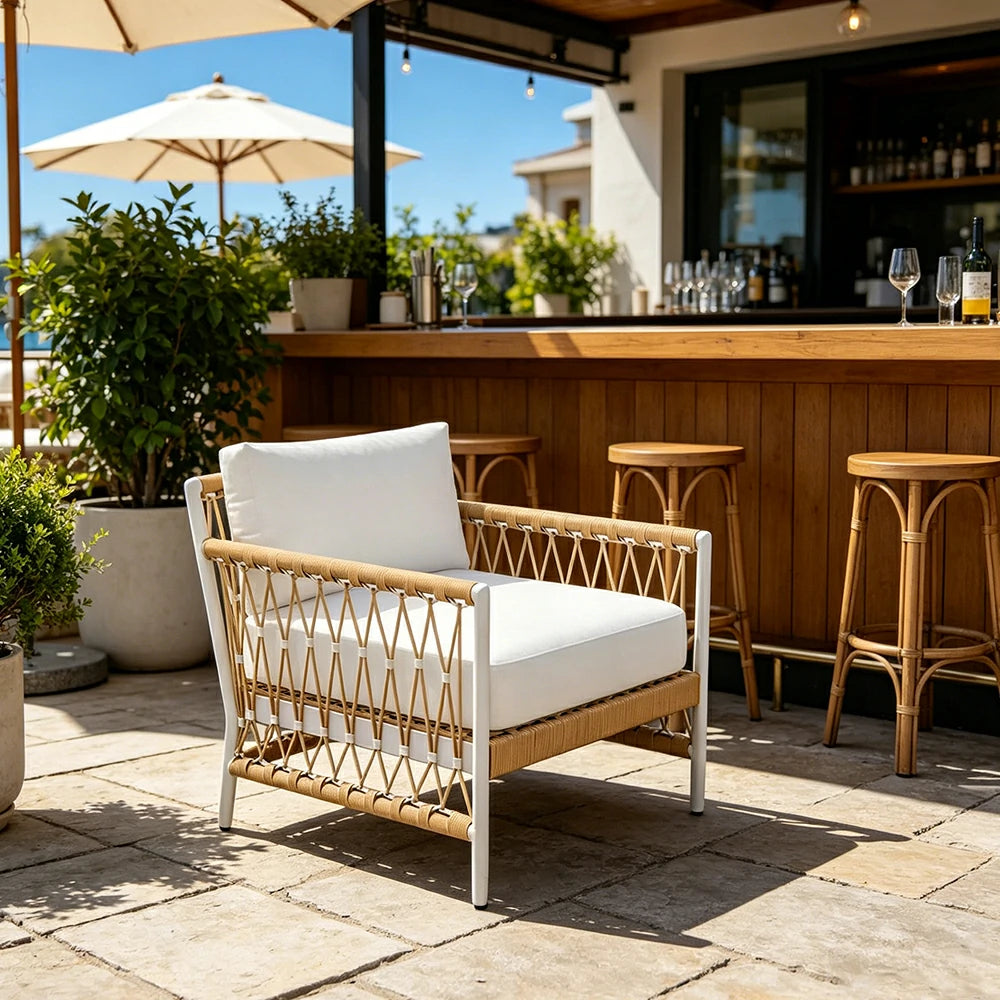 SOLARA Outdoor Single Sofa Chair with Waterproof Fabric, Thick Aluminium Frame for Patio Balcony Garden - Natural