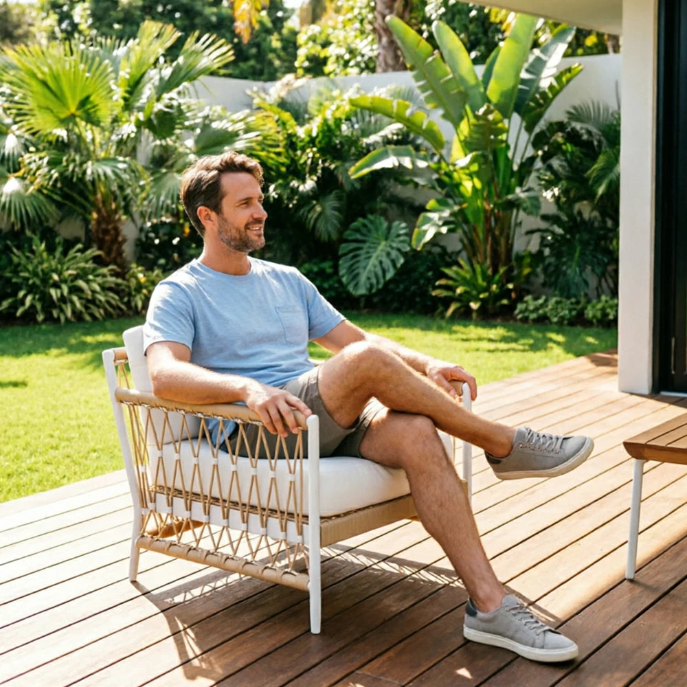 SOLARA Outdoor Single Sofa Chair with Waterproof Fabric, Thick Aluminium Frame for Patio Balcony Garden - Natural