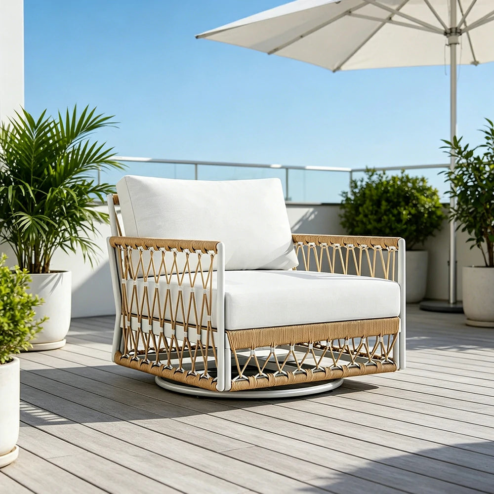 SOLARA Outdoor Swivel Single Sofa Chair with Waterproof Fabric, Thick Aluminium Frame for Patio Balcony Garden - Natural
