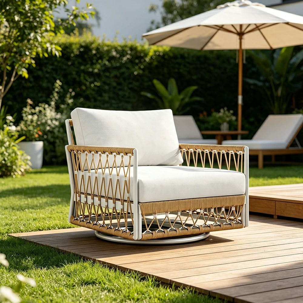 SOLARA Outdoor Swivel Single Sofa Chair with Waterproof Fabric, Thick Aluminium Frame for Patio Balcony Garden - Natural