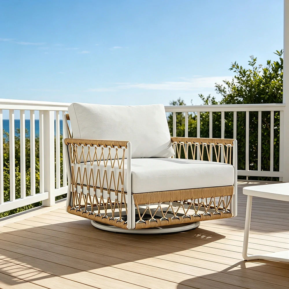 SOLARA Outdoor Swivel Single Sofa Chair with Waterproof Fabric, Thick Aluminium Frame for Patio Balcony Garden - Natural