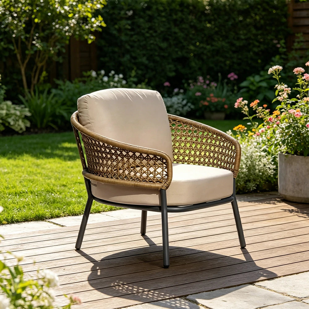 SOLARA Outdoor Single Sofa Chair with PE Woven Rattan for Patio Balcony Garden - Beige