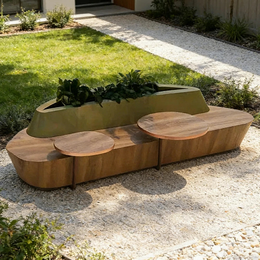 SOLARA 180/200/220cm Integrated Planter Bench Thick Metal Frame with Curved Design for Commercial Street Park Cafe