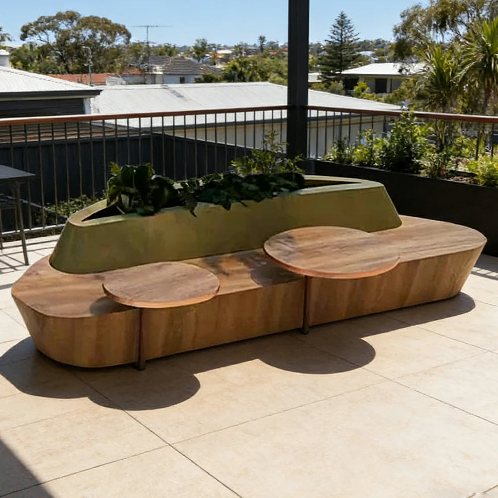 SOLARA 180/200/220cm Integrated Planter Bench Thick Metal Frame with Curved Design for Commercial Street Park Cafe