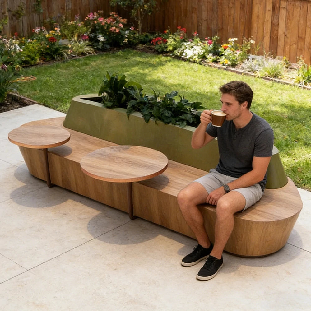 SOLARA 180/200/220cm Integrated Planter Bench Thick Metal Frame with Curved Design for Commercial Street Park Cafe