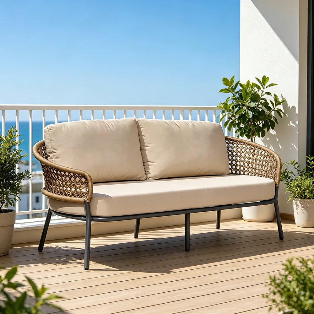 SOLARA Outdoor 2-Seater Sofa with PE Woven Rattan for Patio Balcony Garden - Beige