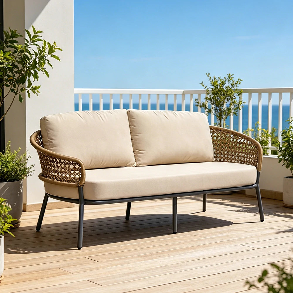 SOLARA Outdoor 2-Seater Sofa with PE Woven Rattan for Patio Balcony Garden - Beige