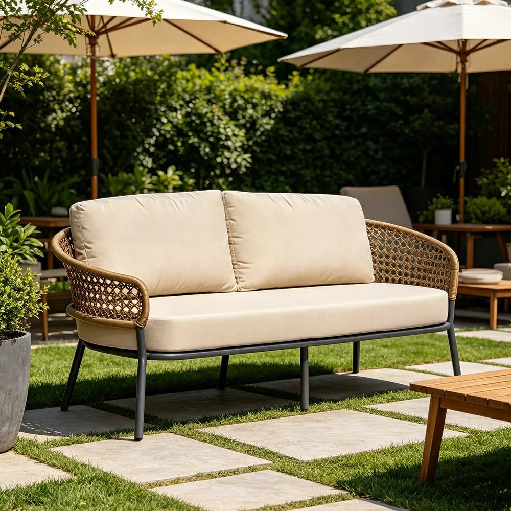 SOLARA Outdoor 2-Seater Sofa with PE Woven Rattan for Patio Balcony Garden - Beige