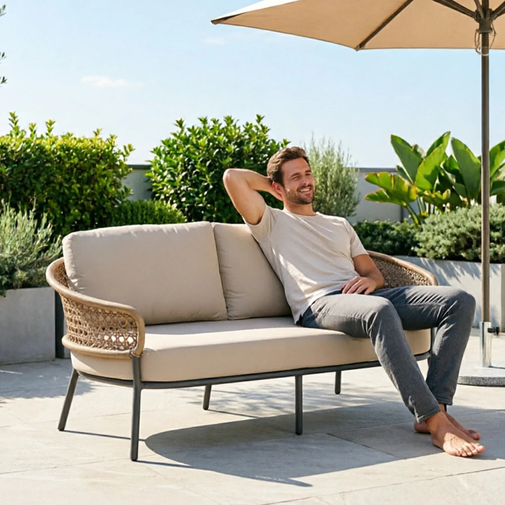 SOLARA Outdoor 2-Seater Sofa with PE Woven Rattan for Patio Balcony Garden - Beige