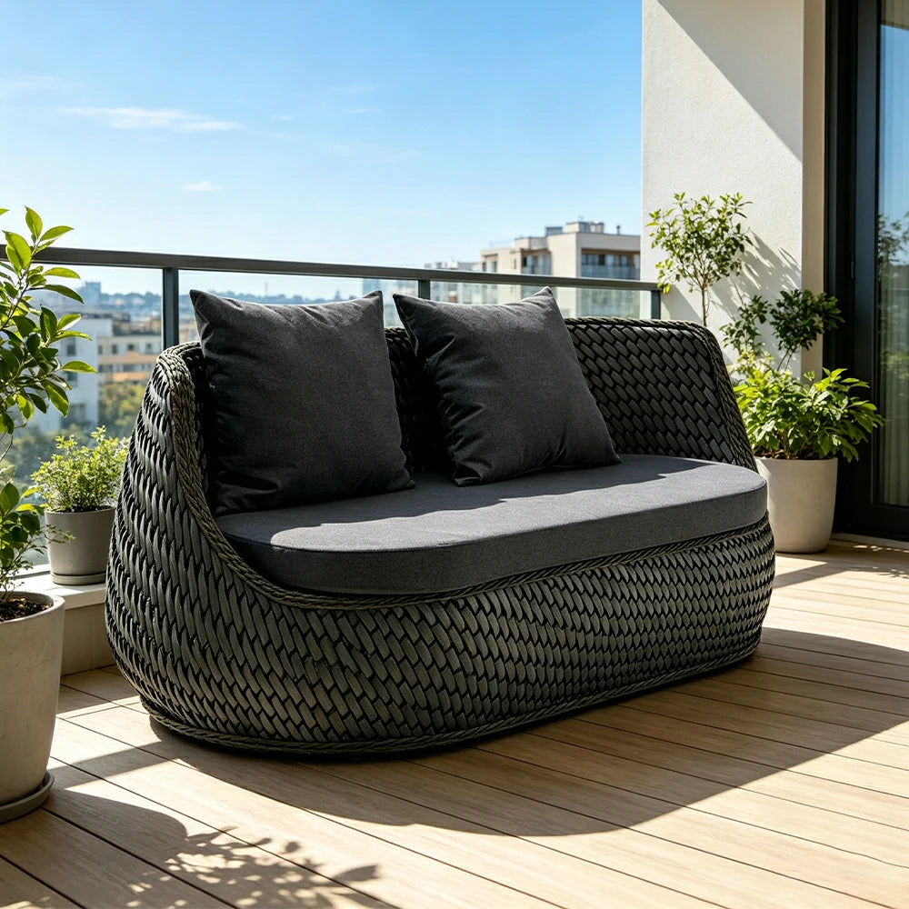 SOLARA Outdoor 2-Seater Sofa with Woven Rattan Design for Patio Balcony Garden - Grey