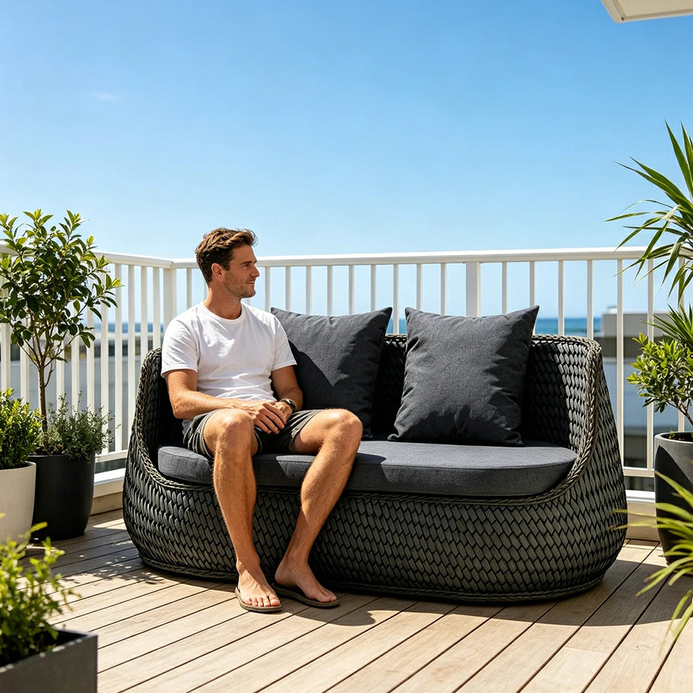 SOLARA Outdoor 2-Seater Sofa with Woven Rattan Design for Patio Balcony Garden - Grey