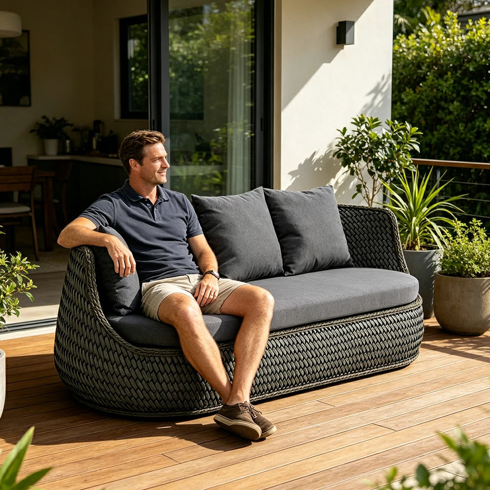 SOLARA Outdoor 3-Seater Sofa with Woven Rattan Design for Patio Balcony Garden - Grey